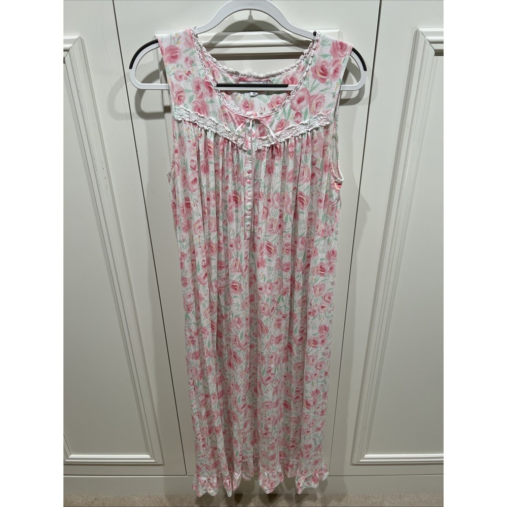 Eileen West Pink Floral Sleeveless Nightgown Size Medium Cottagecore Lace Trim